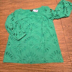 ANN TAYLOR Petite Women's Green Embroidered Lined 100% Cotton Blouse XXSP